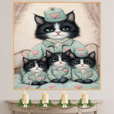 Mother Cat and Kittens in Floral Dresses with Roses Whimsical Tuxedo Cat Family Artwork for Valentine's Day and Cat Lovers Decor on Ready to Hang 1.5" Thick Canvas Wrap, Floating Framed Canvas, Flat Rolled Canvas